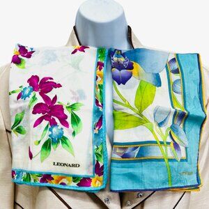 Beautiful 2 LEONARD PARIS Mini Scarf Cotton 20" Blue Purple pink Floral (56)